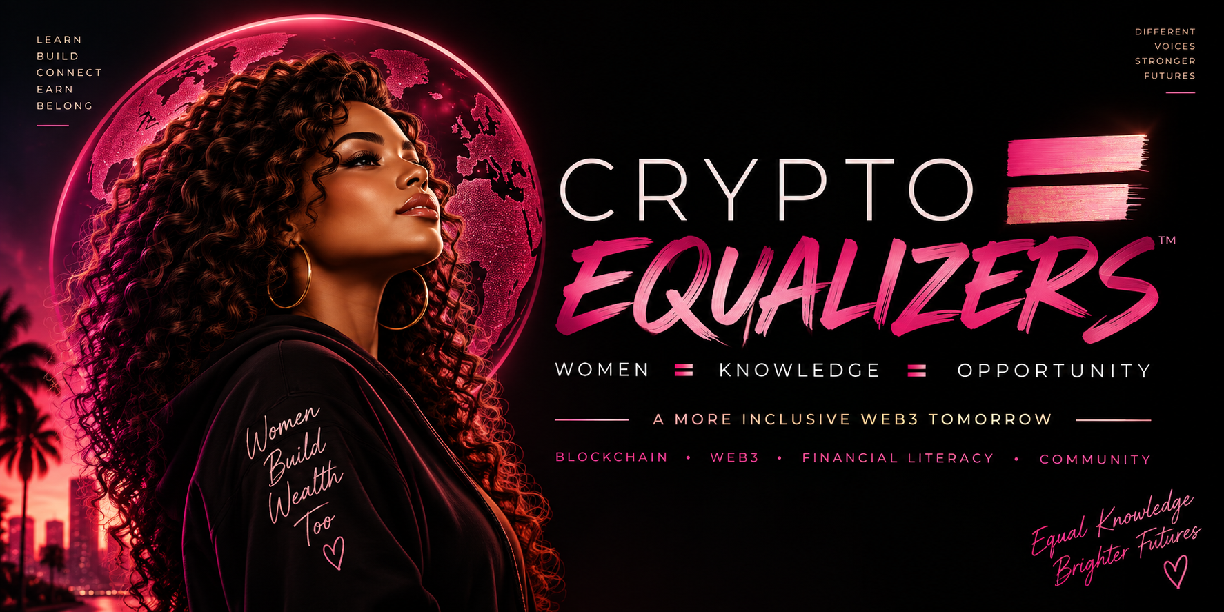 Crypto Equalizers women in Web3 hero featuring a woman of color with curly hair